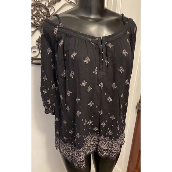 Medium Ecote Spaghetti Strap Off Shoulder Geometric Pattern Womens Top Black - Picture 3 of 10